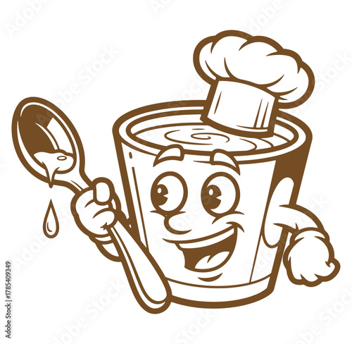 Cheerful cartoon soup cup character with chef hat holding spoon and smiling enthusiastically
