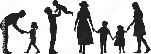 Family silhouette, parents with children, father playing, mother walking, parenthood, love, bonding, childhood, parenting moments, family happiness, unity, togetherness