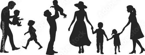 Family silhouette, parents with children, father playing, mother walking, parenthood, love, bonding, childhood, parenting moments, family happiness, unity, togetherness