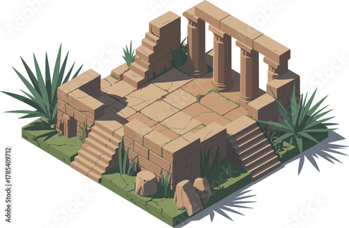 Ancient Stone Ruins Temple Vector Isometric Illustration