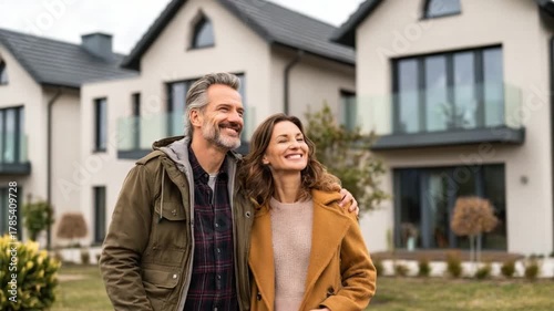 Dream Home Stroll: A happy couple walks arm in arm in front of their dream home, bathed in the warmth of the sun and the promise of a bright future.