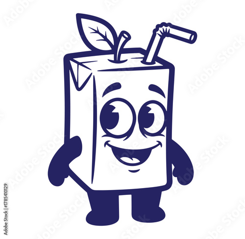 Cute cartoon juice box mascot with smiling face and straw in a flat design style