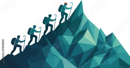 Climbers Reaching Mountain Peak Success in Geometric Low Poly Style Vector Illustration