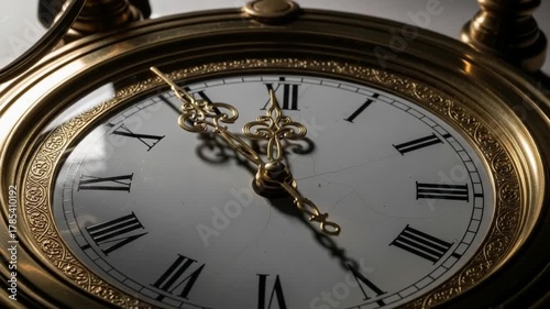 Close-up of an antique gold pocket watch with Roman numerals.