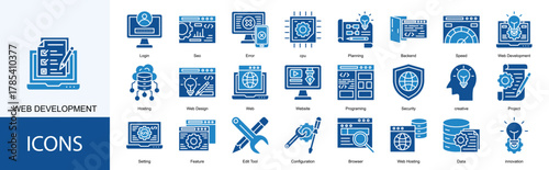 web development icon collection set. Containing Login, Seo, Error, cpu, Planning icon