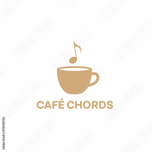 A logo design combining a coffee cup with a musical note, and the words "CAFE CHORDS" below