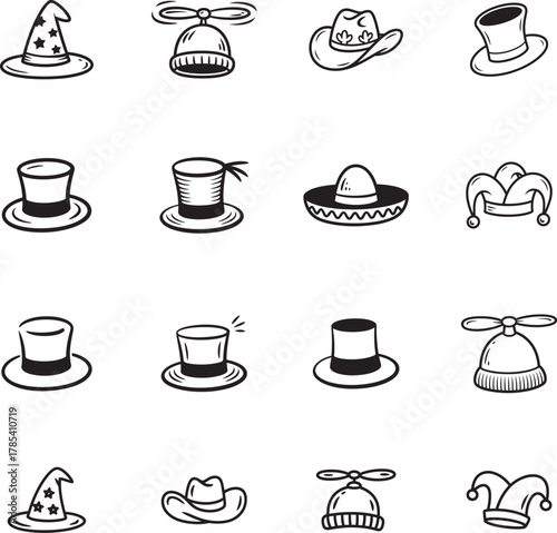 Funny Hat doodle line art collection. Includes line art symbols party, costume, jester, wizard, cowboy and more. Isolated doodles. Hat doodle set. Minimalist doodles pack.