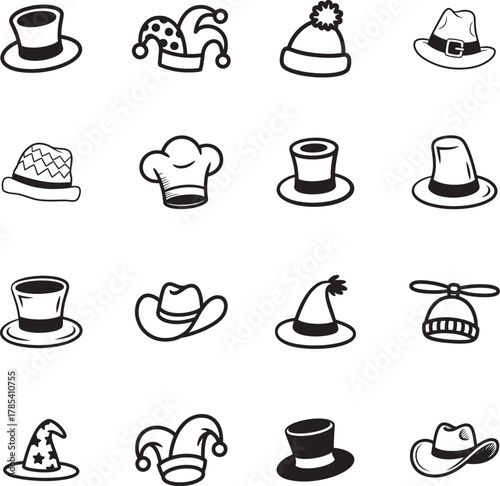 Funny Hat doodle line art collection. Includes line art symbols party, costume, jester, wizard, cowboy and more. Hat doodle set. Minimalist doodles pack.