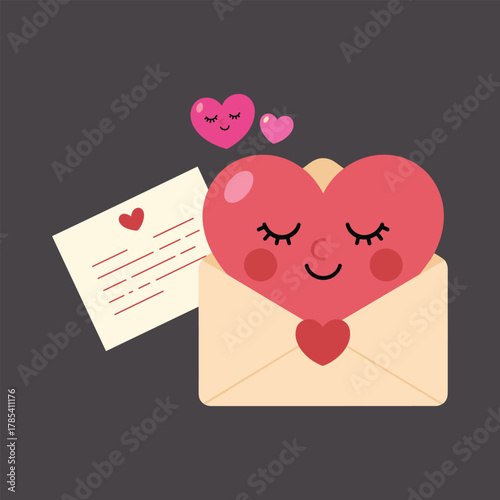 Cute pink heart character peeking out of a cream envelope with a letter and two small hearts floating above vector illustration.