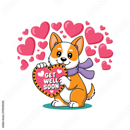 Cute cartoon corgi dog wearing purple scarf holding pink heart with get well soon text surrounded by pink hearts.