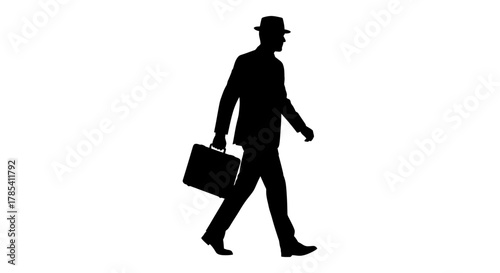 Black silhouette of businessman walking with briefcase and hat image