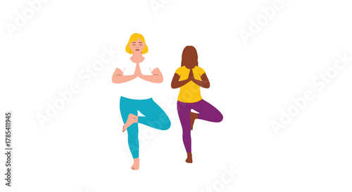 Two women practicing tree pose yoga for wellness and mindfulness art