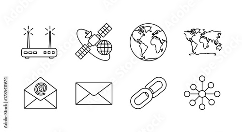 Digital communication and connectivity icons representing global internet satellite mail and network connections