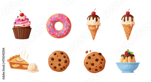 Collection of Pixel Art Desserts Delicious Treats Cupcakes Donuts Ice Cream Cones Pie Cookies Pudding Isolated on Transparent Background