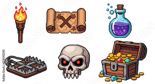Pixel Art Game Icons Featuring Treasure Map Torch Potion Skull Chest and Lock Isolated on Black Background