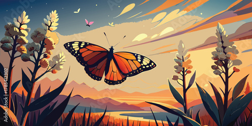 A monarch butterfly flies over a field of flowers at sunset in a scenic landscape