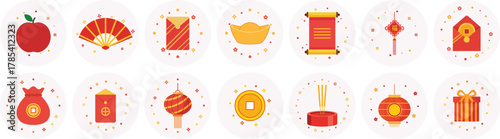  Festive Lunar New Year Flat Vector Icons Set Circular Badges