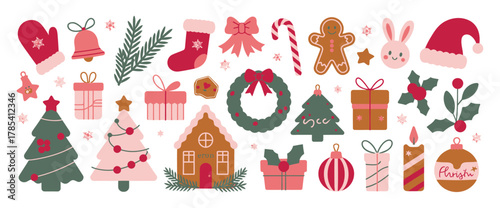 Cute vintage Xmas doodle border collection with branches, ribbons, bows, mistletoe, and garland lights, elegant minimalist line art ideal for Christmas cards, posters, and seasonal invitations.