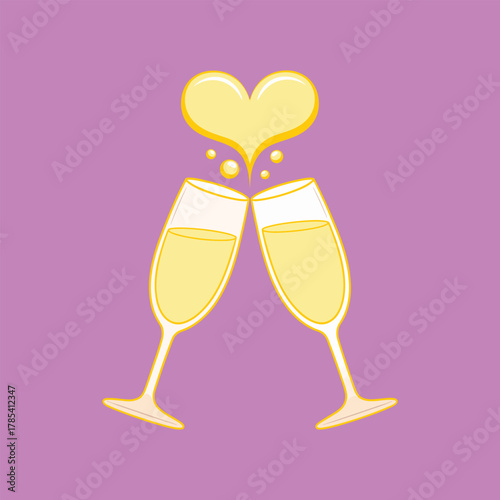 Two champagne flutes clinking with yellow bubbly liquid and a heart shape above on a purple background.