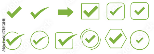  green check mark icons, including simple checks, checks with arrows, and checks enclosed in squares, circles, and hexagons isolated on white background