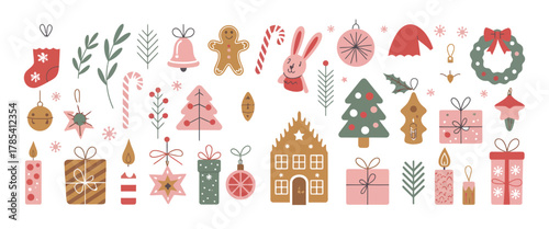 Cute vintage Xmas doodle border collection with branches, ribbons, bows, mistletoe, and garland lights, elegant minimalist line art ideal for Christmas cards, posters, and seasonal invitations.