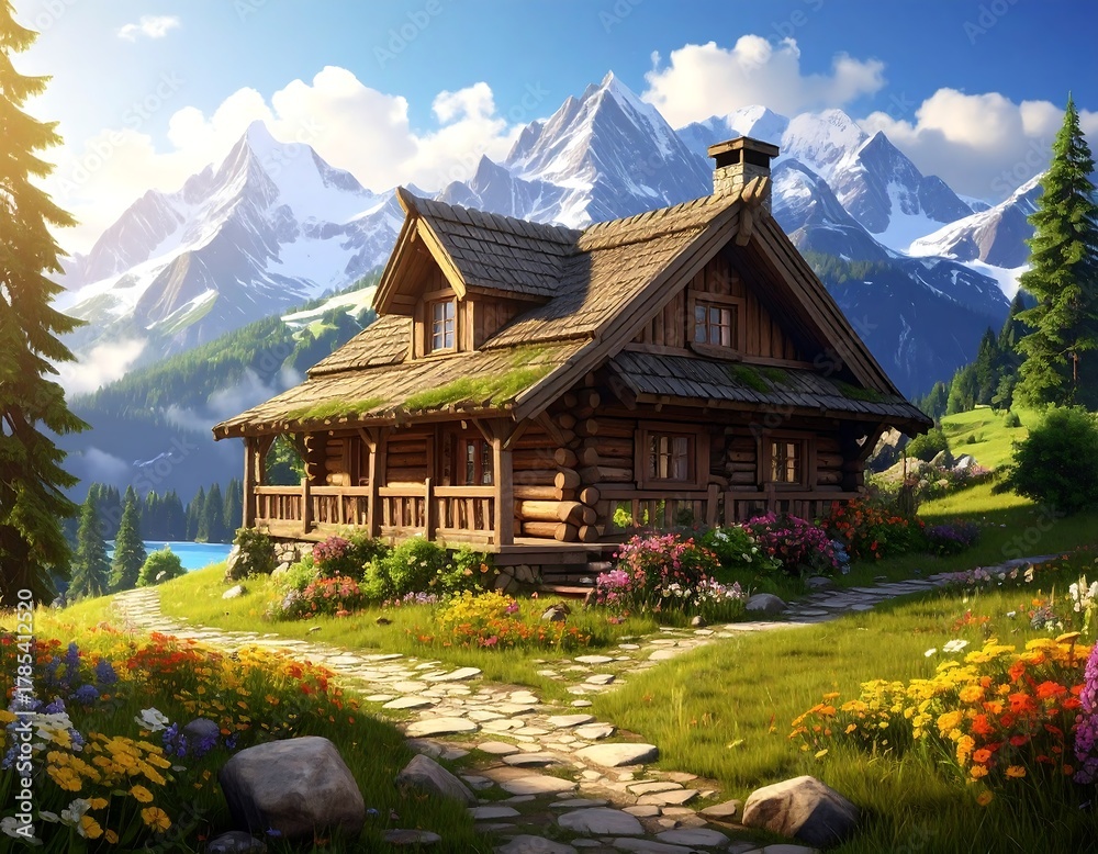 Obraz premium A charming wooden cabin nestled amid vibrant wildflowers, a meandering path leads to its porch. Majestic snow-capped peaks tower in the background