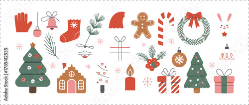 Set of vintage hand-drawn Christmas borders featuring tree branches, ribbons, bows, mistletoe, and light garlands, minimalist line art frames perfect for holiday posters, cards, and festive invitation