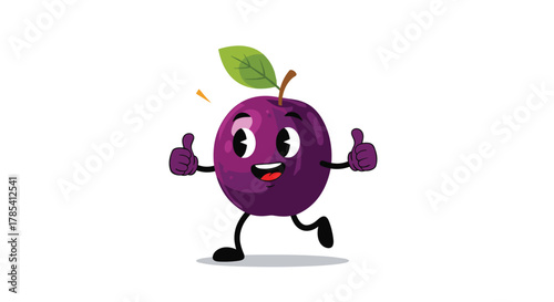A cheerful purple fruit character with a green leaf and stem gives two thumbs up while running happily, expressing approval and positivity.