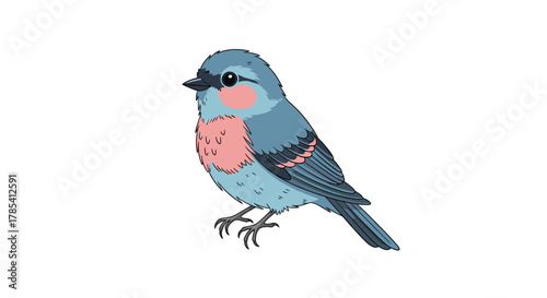 Charming cartoon bluebird with soft pink plumage on its chest and face, looking to the left on a clean white background.