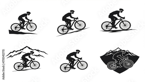 Mountain biker silhouette collection, cycling athlete on road and trail, adventure sports vector illustration, outdoor biking competition design, black and white style