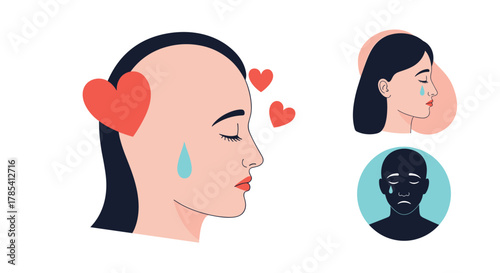 Illustrations of people experiencing a range of emotions, including love-induced tears and deep sadness.