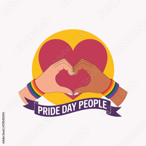 Two hands forming a heart shape with rainbow wristbands and pride day people text heart hands lgbt