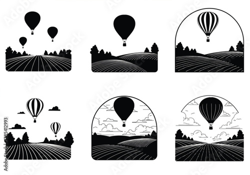 Black and white hot air balloon landscape vector illustration, minimal countryside field view with trees, clouds, and scenic travel adventure design concept