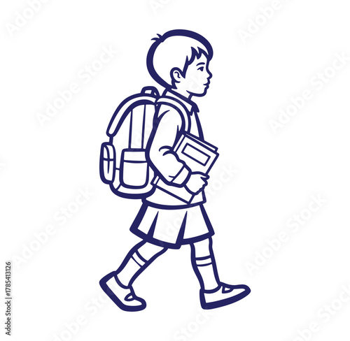 Illustration of a schoolboy walking towards school carrying books and a backpack in line art style