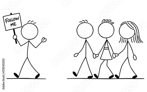 Stick Man Family Illustration – simple people walking together, minimal family relationship design vector
