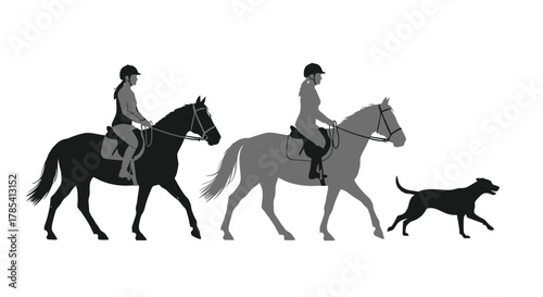 Horseback riding equestrian sport with horses and dog silhouette art
