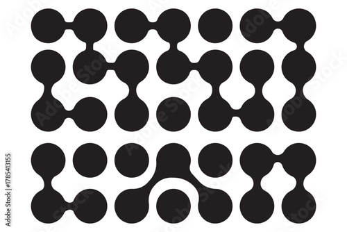 Pattern of black meta balls isolated on white background. Modern geometric shapes of liquid connected drops. Vector illustration.