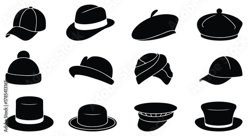 Hat Silhouette Collection – black vector hats, classic headwear set with fedora and cap icons