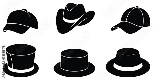 Classic Hat Vector Set – cowboy hat, top hat, and cap silhouette collection in black style