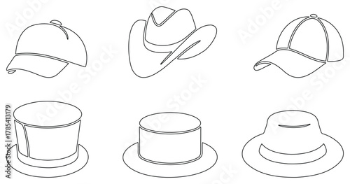 Outline Hat Drawing Set – minimal headwear sketch collection, simple line art cap and hat vector