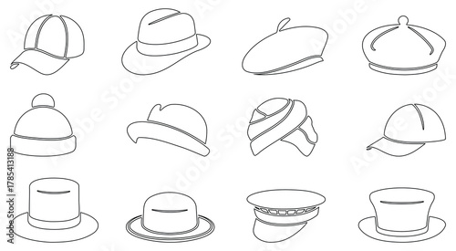 Line Art Hat Collection – minimal outline design, various hat sketches in monochrome vector style