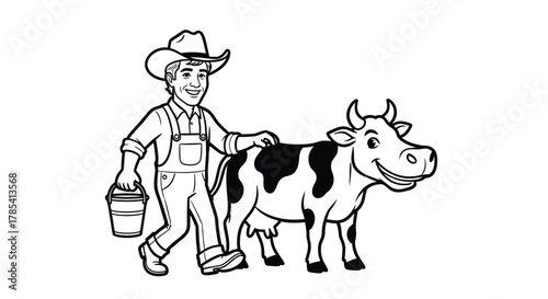 Cartoon farmer and cow vector illustration farm animal drawing art