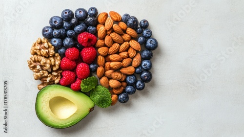 a nutritious brain-boosting display featuring a harmonious collection of fresh fruits, creamy avocado, and a variety of crunchy nuts on a neutral backdrop