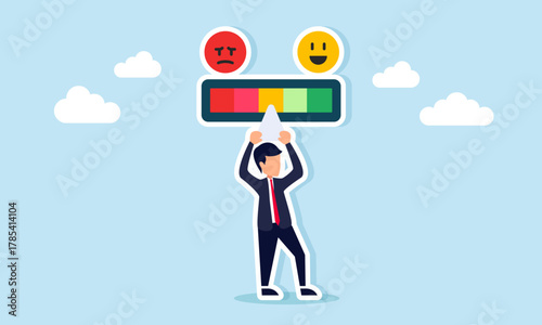 Businessman adjusting level on a meter with happy and angry emoticon icons illustration of customer business review and satisfaction feedback
