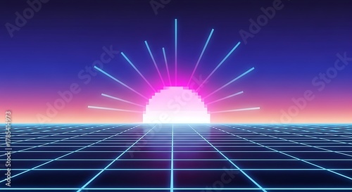 Retro 80s Synthwave Sunset Over Digital Grid Horizon Vaporwave Aesthetic Background