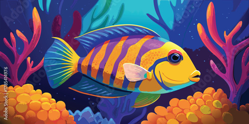 A colorful royal dottyback fish in the sea with coral reef and dark blue background