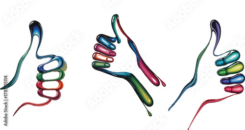 Colorful liquid thumbs up gestures approval success