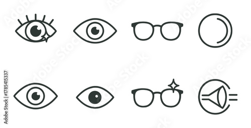 Minimalist icon set featuring eyes, glasses, and lenses on olive green background
