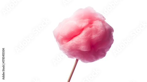 A fluffy pink ball of sweet spun sugar candy floss on a stick isolated on transparent background