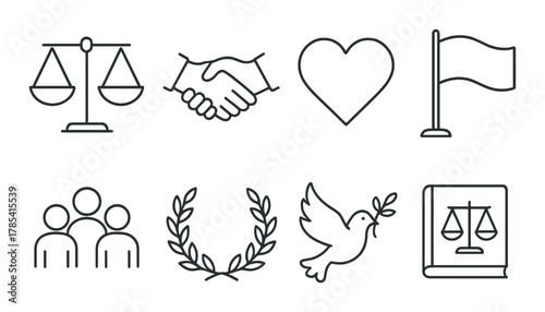 Symbols of justice, peace, unity, and love on dark background